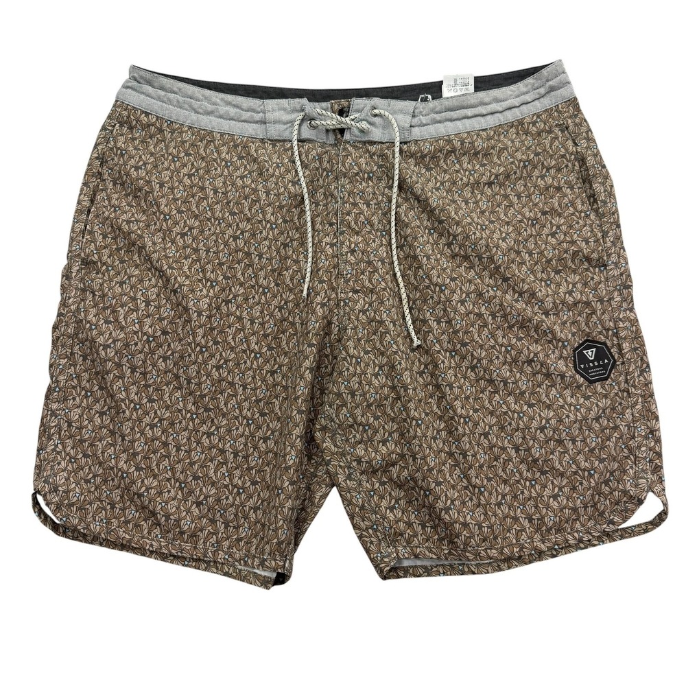 Vissla Board Shorts Mens 36 Brown Floral Bermuda Drawstring Elastic 7 Inseam
